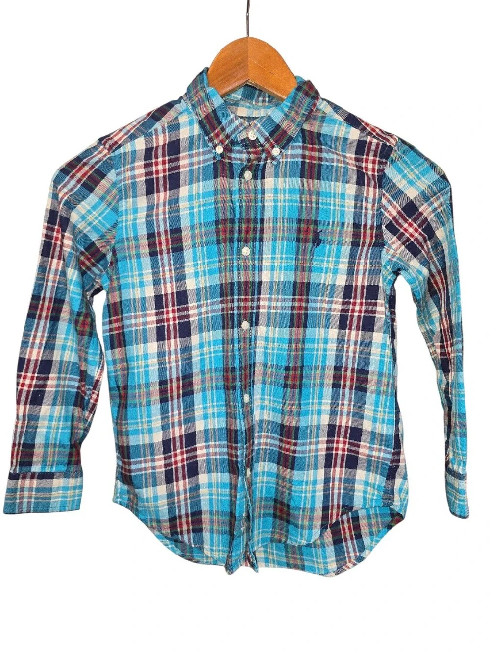 Ralph Lauren Boys Plaid Button-Down Long Sleeve Collar Shirt 100% Cotton Size 7